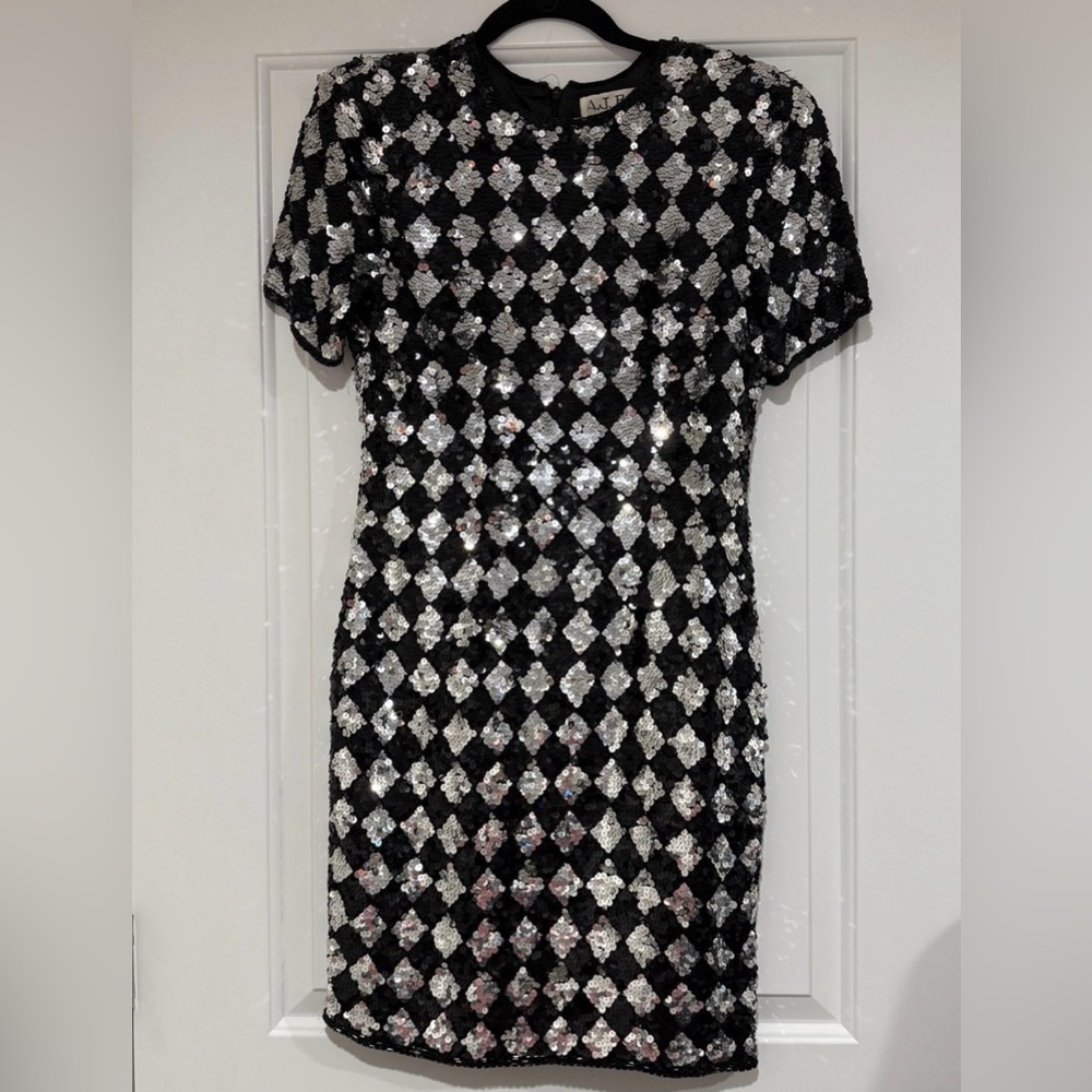 Vintage A.J. Bari Women's Sequin Short Sleeve Dress Size 8 Harlequin Diamonds
